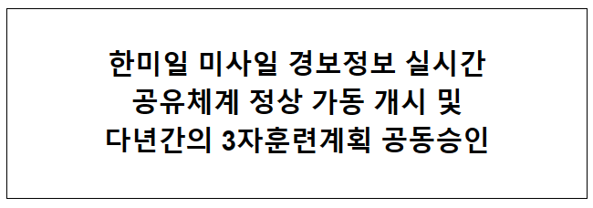 한미일 미사일 경보정보 실시간 공유체계 정상 가동 개시 및 다년간의 3자훈련계획 공동승인 한미일 미사일 경보정보 실시간 공유체계 정상 가동 개시 및 다년간의 3자훈련계획 공동승인