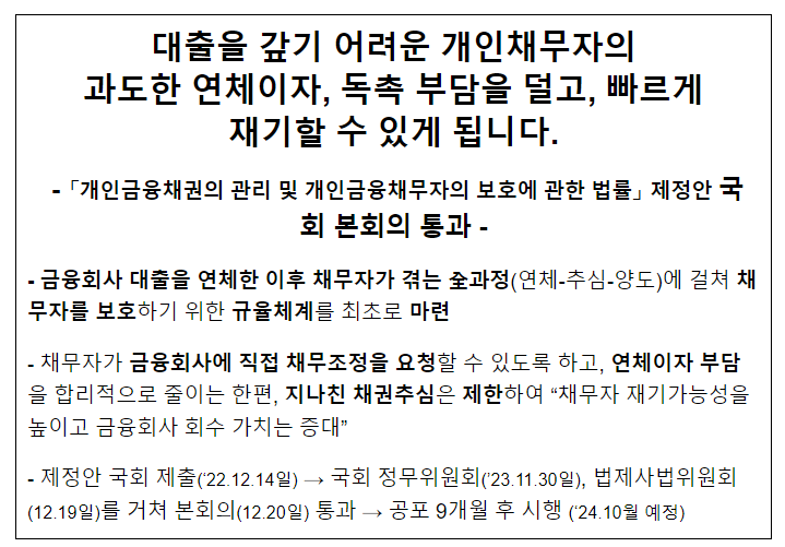 대출을 갚기 어려운 개인채무자의 과도한 연체이자, 독촉 부담을 덜고, 빠르게 재기할 수 있게 됩니다. 대출을 갚기 어려운 개인채무자의 과도한 연체이자, 독촉 부담을 덜고, 빠르게 재기할 수 있게 됩니다.