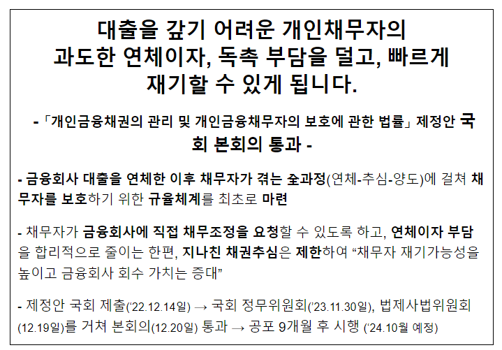 대출을 갚기 어려운 개인채무자의 과도한 연체이자, 독촉 부담을 덜고, 빠르게 재기할 수 있게 됩니다.