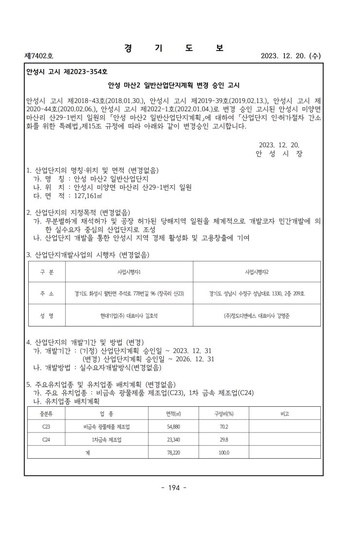 안성 마산2 일반산업단지계획 변경 승인 고시