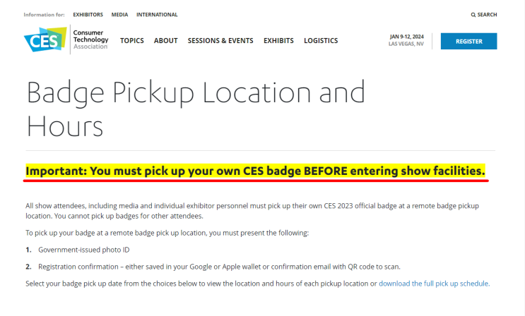 CES 2024 뱃지 픽업장소, 고객 센터 미리 알아두기