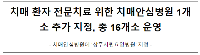 치매 환자 전문치료 위한 치매안심병원 1개소 추가 지정, 총 16개소 운영