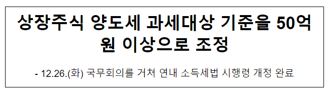 상장주식 양도세 과세대상 기준을 50억원 이상으로 조정 상장주식 양도세 과세대상 기준을 50억원 이상으로 조정