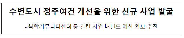 수변도시 정주여건 개선을 위한 신규 사업 발굴 수변도시 정주여건 개선을 위한 신규 사업 발굴