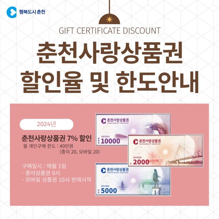  2024년 춘천사랑상품권 할인율 및 발행계획이 안내 되었습니다.