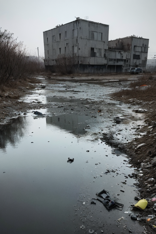 [Ai Greem] 환경 오염 109: 쓰레기로 뒤덮인 오염된 강, 오염된 물 웅덩이 AI 무료 썸네일 및 이미지