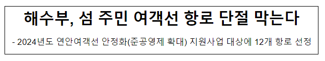 해수부, 섬 주민 여객선 항로 단절 막는다 해수부, 섬 주민 여객선 항로 단절 막는다