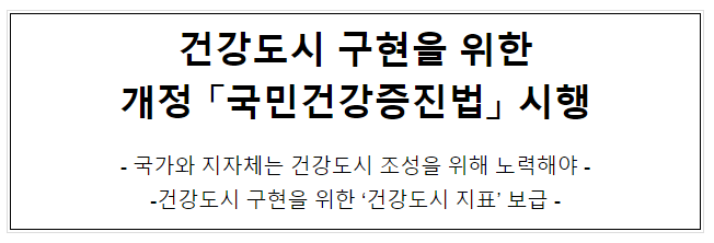 건강도시 구현을 위한개정 「국민건강증진법」 시행 건강도시 구현을 위한개정 「국민건강증진법」 시행