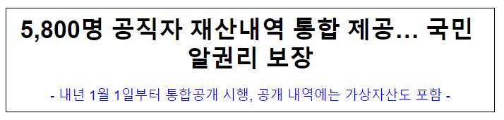 (윤리정책과) 5,800명 공직자 재산내역 통합 제공… 국민 알권리 보장 (윤리정책과) 5,800명 공직자 재산내역 통합 제공… 국민 알권리 보장