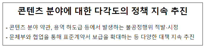 콘텐츠 분야에 대한 다각도의 정책 지속 추진 콘텐츠 분야에 대한 다각도의 정책 지속 추진