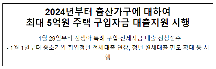 국토교통부, 2024년부터 출산가구에 대하여 최대 5억원 주택 구입자금 대출지원 시행 국토교통부, 2024년부터 출산가구에 대하여 최대 5억원 주택 구입자금 대출지원 시행