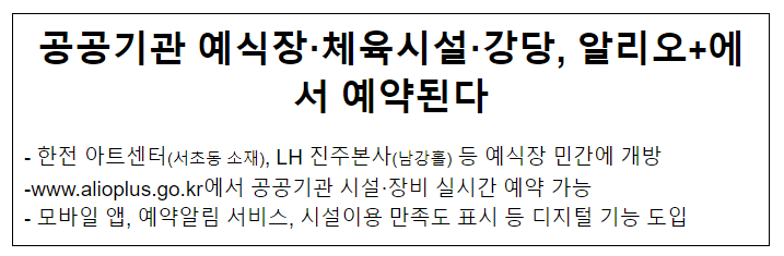 공공기관 예식장·체육시설·강당, 알리오플러스(alioplus)에서 예약된다. 공공기관 예식장·체육시설·강당, 알리오플러스(alioplus)에서 예약된다.