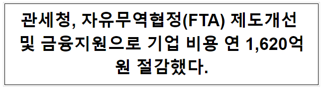 관세청, 자유무역협정(FTA) 제도개선 및 금융지원으로 기업 비용 연 1,620억원 절감했다. 관세청, 자유무역협정(FTA) 제도개선 및 금융지원으로 기업 비용 연 1,620억원 절감했다.