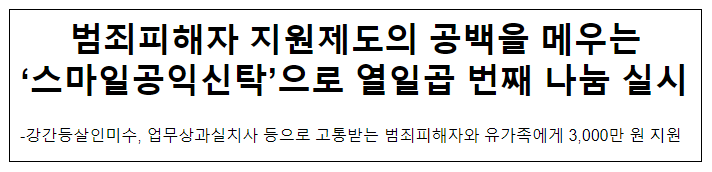 범죄피해자 지원제도의 공백을 메우는 ‘스마일공익신탁’으로 열일곱 번째 나눔 실시 범죄피해자 지원제도의 공백을 메우는 ‘스마일공익신탁’으로 열일곱 번째 나눔 실시