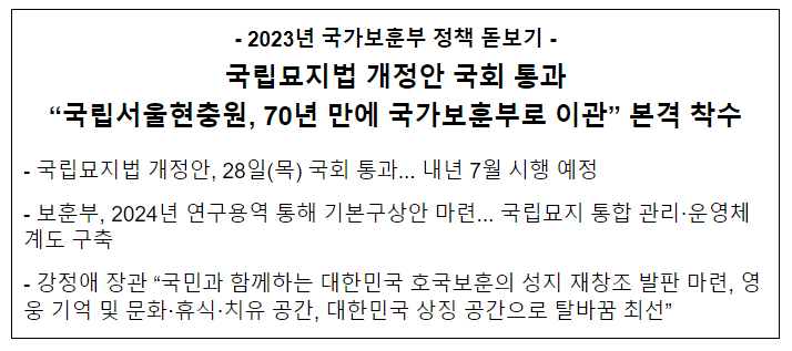 국립묘지법 개정안 국회 통과... 국립서울현충원, 70년만에 국가보훈부로 이관 국립묘지법 개정안 국회 통과... 국립서울현충원, 70년만에 국가보훈부로 이관