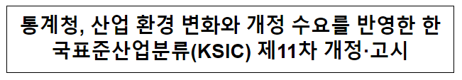 통계청, 산업 환경 변화와 개정 수요를 반영한 한국표준산업분류(KSIC) 제11차 개정·고시 통계청, 산업 환경 변화와 개정 수요를 반영한 한국표준산업분류(KSIC) 제11차 개정·고시