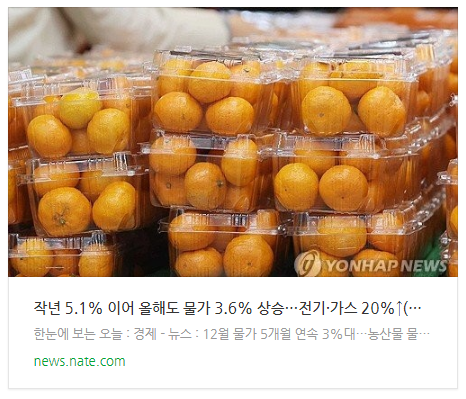 [뉴스] 작년 5.1% 이어 올해도 물가 3.6% 상승…전기·가스 20%↑(종합)