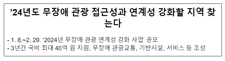 ’24년도 무장애 관광 접근성과 연계성 강화할 지역 찾는다