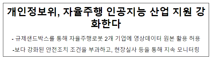 개인정보위, 자율주행 인공지능 산업 지원 강화한다 개인정보위, 자율주행 인공지능 산업 지원 강화한다