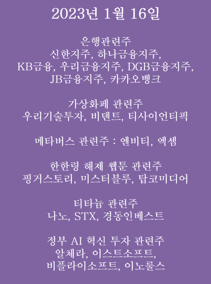 2023년 1월 3주차 테마주, 특징주, 관련주(은행, 가상화폐, AI, 메타버스, 티타늄, 증권형토큰 STO, KT 초거대 AI,  헬스케어AI, 로봇, 게임, 화장품, 5G) : 네이버 블로그