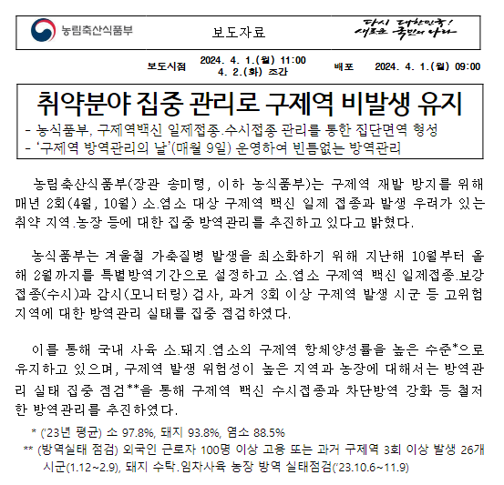 취약분야 집중 관리로 구제역 비발생 유지 취약분야 집중 관리로 구제역 비발생 유지
