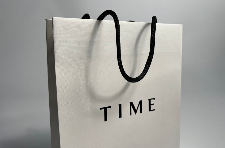  타임 TIME 쇼핑백, 지속가능한 소비, 쇼핑백, 제작, 친환경, 명품 패키지, FSC