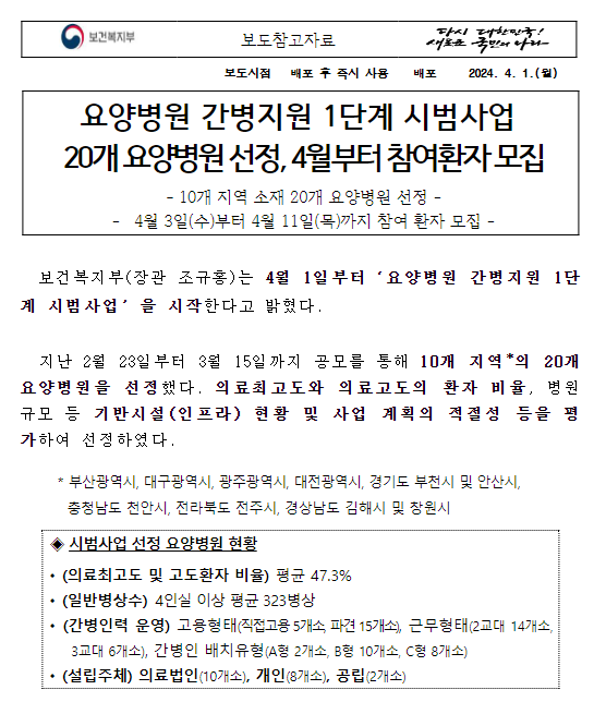 요양병원 간병지원 1단계 시범사업 20개 요양병원 선정, 4월부터 참여환자 모집