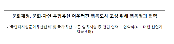 문화재청, 문화·자연·무형유산 어우러진 행복도시 조성 위해 행복청과 협력 문화재청, 문화·자연·무형유산 어우러진 행복도시 조성 위해 행복청과 협력