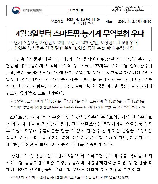4월 3일부터 스마트팜·농기계 무역보험 우대 4월 3일부터 스마트팜·농기계 무역보험 우대