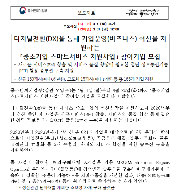 디지털전환(DX)을 통해 기업운영(비즈니스) 혁신을 지원하는「중소기업 스마트서비스 지원사업」 참여기업 모집 디지털전환(DX)을 통해 기업운영(비즈니스) 혁신을 지원하는「중소기업 스마트서비스 지원사업」 참여기업 모집