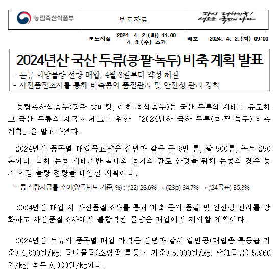 2024년산 국산 두류(콩·팥·녹두) 비축 계획 발표 2024년산 국산 두류(콩·팥·녹두) 비축 계획 발표