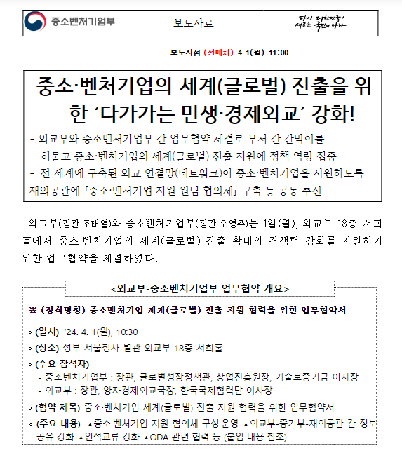 중소·벤처기업의 세계(글로벌) 진출을 위한 ‘다가가는 민생·경제외교’ 강화!