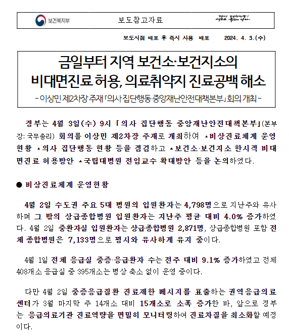 금일부터 지역 보건소·보건지소의 비대면진료 허용, 의료취약지 진료공백 해소