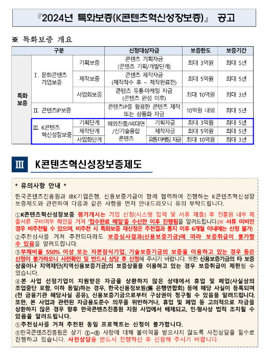 2024년 4월 특화보증(K콘텐츠혁신성장보증) 공고 2024년 4월 특화보증(K콘텐츠혁신성장보증) 공고