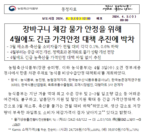 장바구니 체감 물가 안정을 위해4월에도 긴급 가격안정 대책 추진에 박차 장바구니 체감 물가 안정을 위해4월에도 긴급 가격안정 대책 추진에 박차