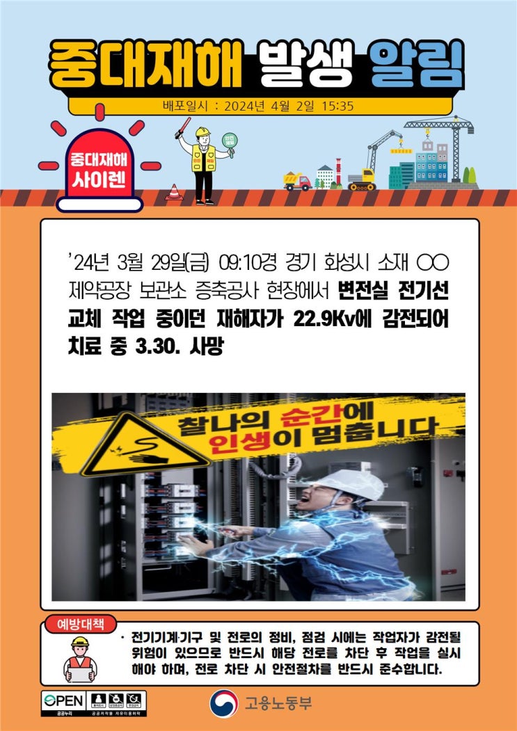  화성 제약공장 변전실 전기감전사고와 하남 00은행 전기실 배전반 판넬 깔림 사고