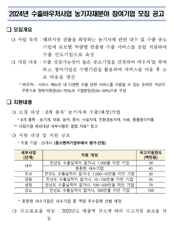 2024년 중소벤처기업부 농기자재분야 수출바우처사업 참여기업 모집공고 2024년 중소벤처기업부 농기자재분야 수출바우처사업 참여기업 모집공고