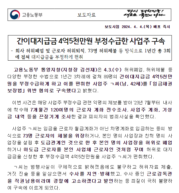 간이대지급금 4억5천만원 부정수급한 사업주 구속