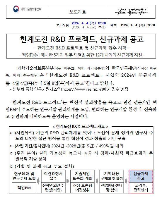 한계도전 R&D 프로젝트 첫 신규과제 접수 시작 한계도전 R&D 프로젝트 첫 신규과제 접수 시작