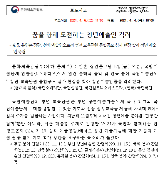 꿈을 향해 도전하는 청년예술인 격려 꿈을 향해 도전하는 청년예술인 격려