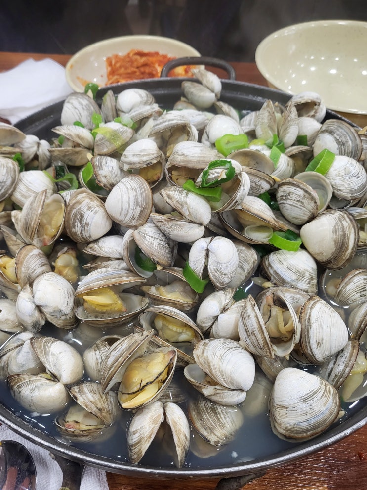  대전오씨칼국수 물총조개 매운김치의 조합