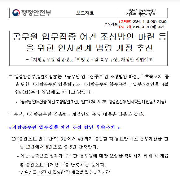 공무원 업무집중 여건 조성방안 마련 등을 위한 인사관계 법령 개정 추진 공무원 업무집중 여건 조성방안 마련 등을 위한 인사관계 법령 개정 추진