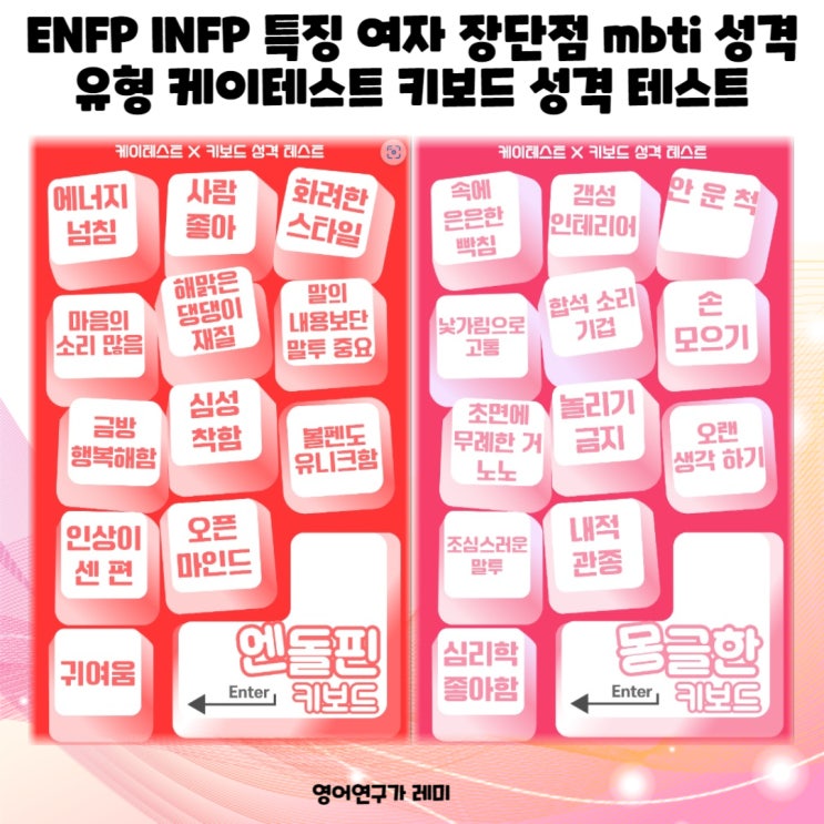 ENFP INFP 특징 여자 장단점 mbti 성격유형 케이테스트 키보드 성격 테스트