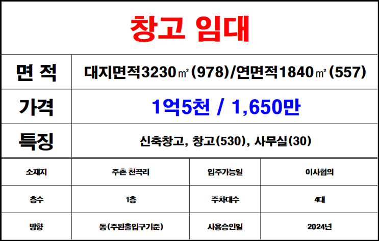  서김해 위치한 주촌 대형 창고 임대