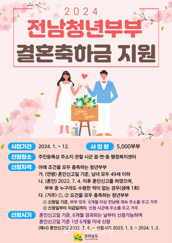  화순군 올해부터 49세 이하 재혼 부부도 ‘청년부부 결혼축하금’ 지원