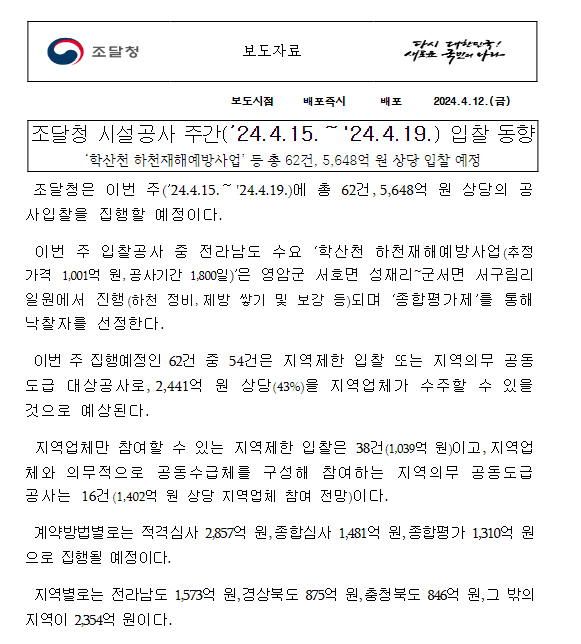 조달청 시설공사 주간(’24.4.15.~’24.4.19.) 입찰 동향 조달청 시설공사 주간(’24.4.15.~’24.4.19.) 입찰 동향
