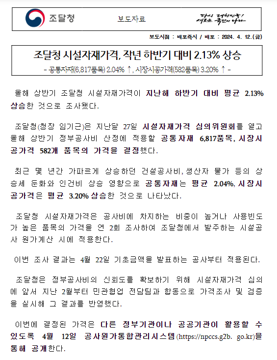 조달청 시설자재가격, 작년 하반기 대비 2.13% 상승