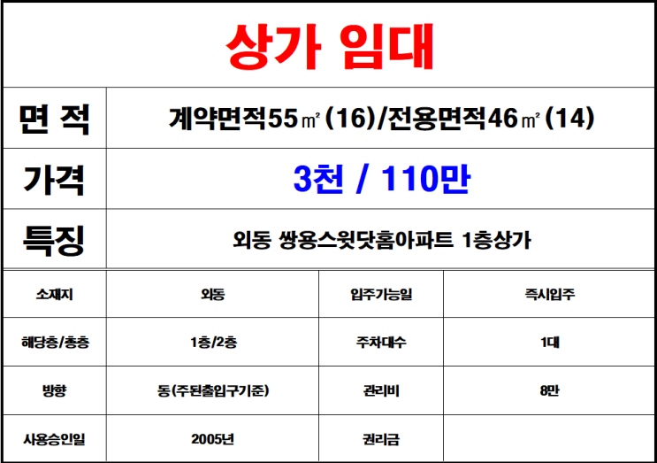  김해 외동 쌍용스윗닷홈 아파트 1층 상가 임대