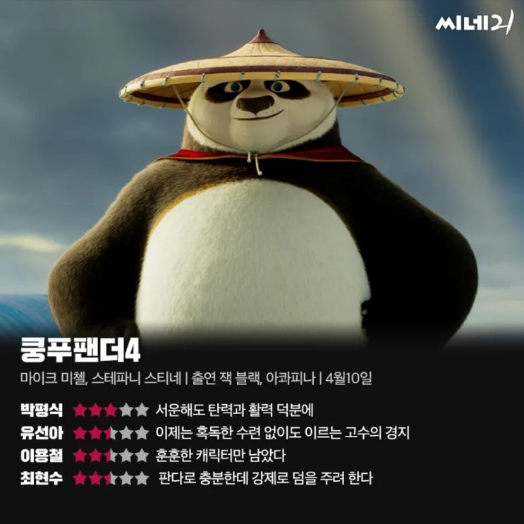 씨네21/씨네플레이 24년 4월 2주 영화 별점 한줄평(쿵푸팬더4, 녹차의맛, 골드핑거, 어게인 1997 등) 씨네21/씨네플레이 24년 4월 2주 영화 별점 한줄평(쿵푸팬더4, 녹차의맛, 골드핑거, 어게인 1997 등)
