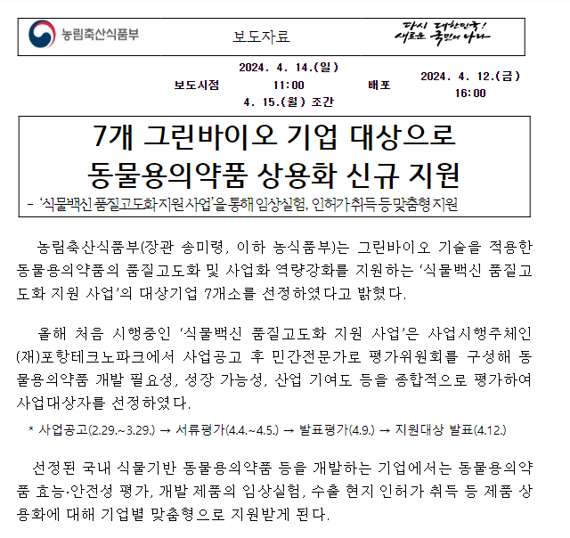 7개 그린바이오 기업 대상으로 동물용의약품 상용화 신규 지원